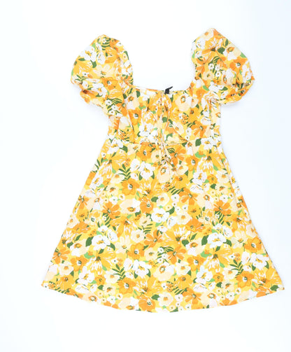 Divided by H&M Womens Orange Floral Polyester A-Line Size 12 Scoop Neck Tie - Cut Out Bodice