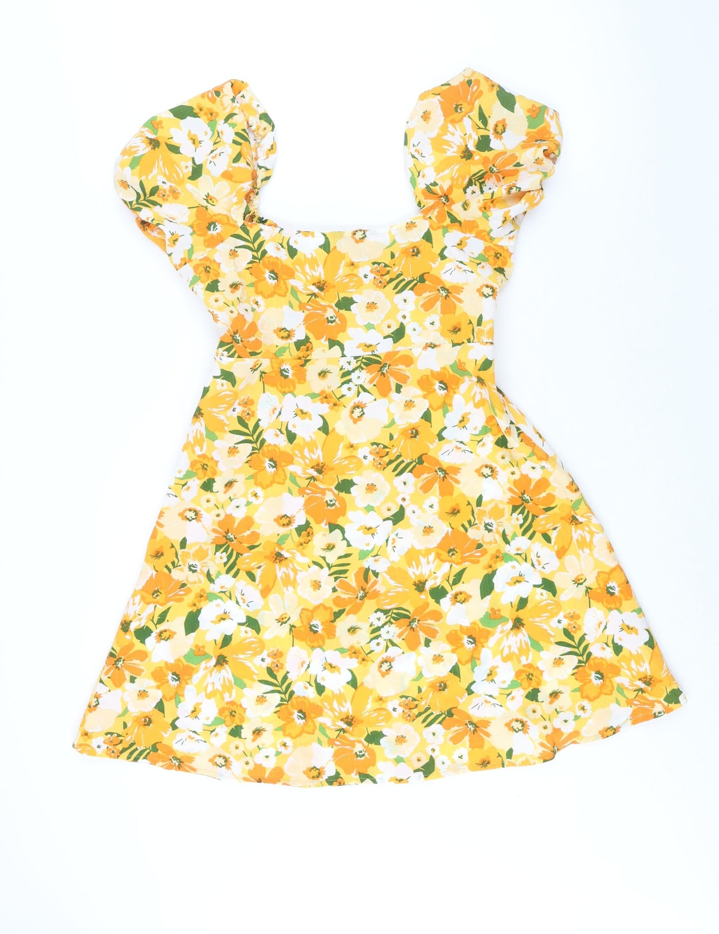 Divided by H&M Womens Orange Floral Polyester A-Line Size 12 Scoop Neck Tie - Cut Out Bodice