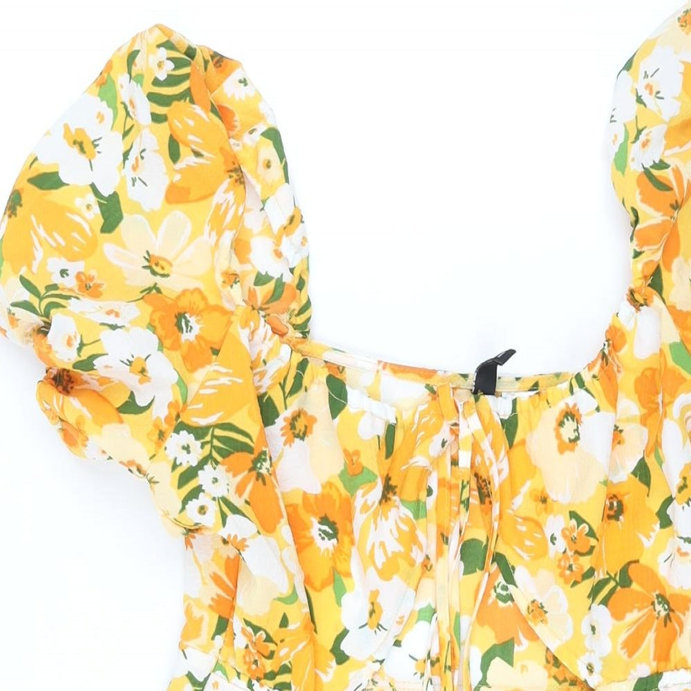 Divided by H&M Womens Orange Floral Polyester A-Line Size 12 Scoop Neck Tie - Cut Out Bodice