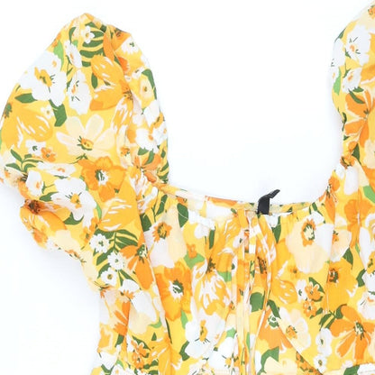 Divided by H&M Womens Orange Floral Polyester A-Line Size 12 Scoop Neck Tie - Cut Out Bodice