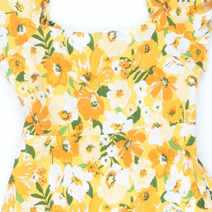 Divided by H&M Womens Orange Floral Polyester A-Line Size 12 Scoop Neck Tie - Cut Out Bodice