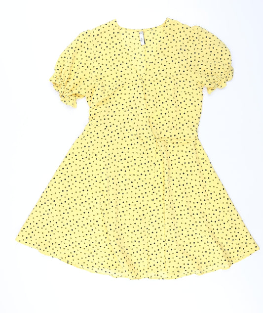 Mango Womens Yellow Polka Dot Polyester Wrap Dress Size M V-Neck Tie