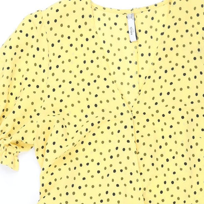 Mango Womens Yellow Polka Dot Polyester Wrap Dress Size M V-Neck Tie
