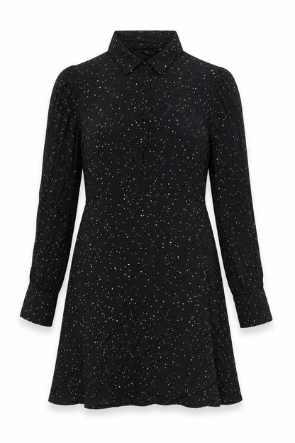 New Look Womens Black Geometric Viscose A-Line Size 8 Collared Button - Belted