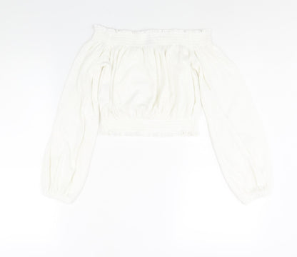 Divided by H&M Womens White Polyester Cropped Blouse Size S Off the Shoulder - Rouched