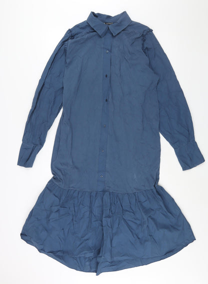 Zara Womens Blue Cotton Shirt Dress Size M Collared Button - Frill