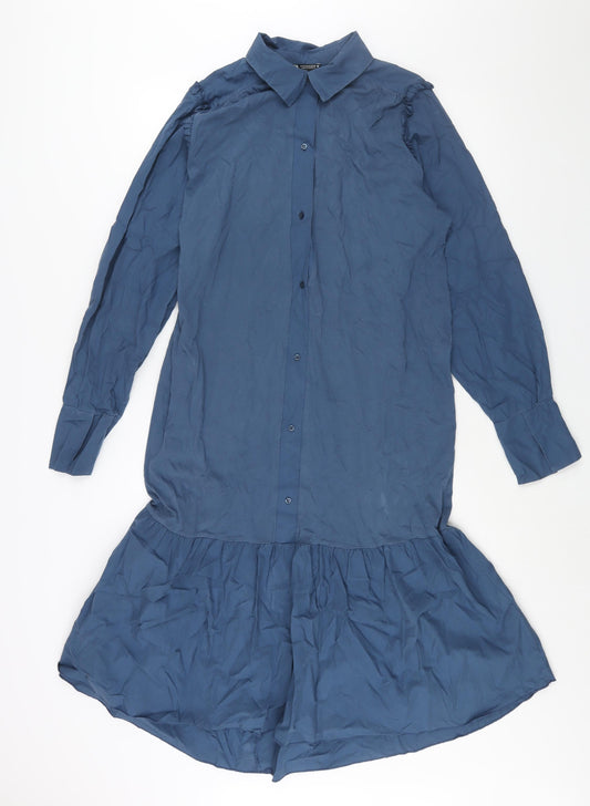 Zara Womens Blue Cotton Shirt Dress Size M Collared Button - Frill