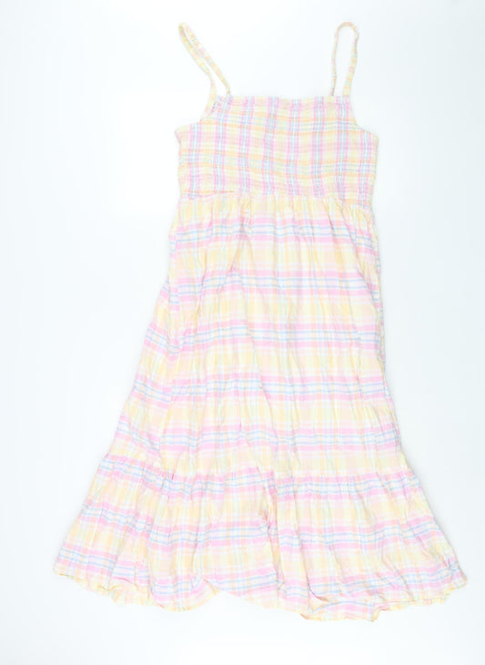 Cotton On Womens Multicoloured Check Cotton Shift Size L Square Neck Pullover - Rouched Bodice