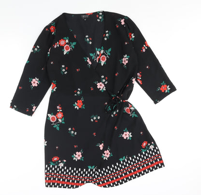 Topshop Womens Black Floral Polyester Wrap Dress Size 10 V-Neck Tie - Geometric Hem