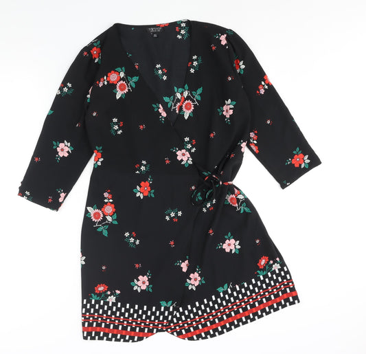 Topshop Womens Black Floral Polyester Wrap Dress Size 10 V-Neck Tie - Geometric Hem