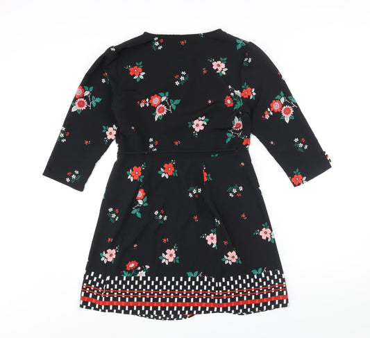 Topshop Womens Black Floral Polyester Wrap Dress Size 10 V-Neck Tie - Geometric Hem