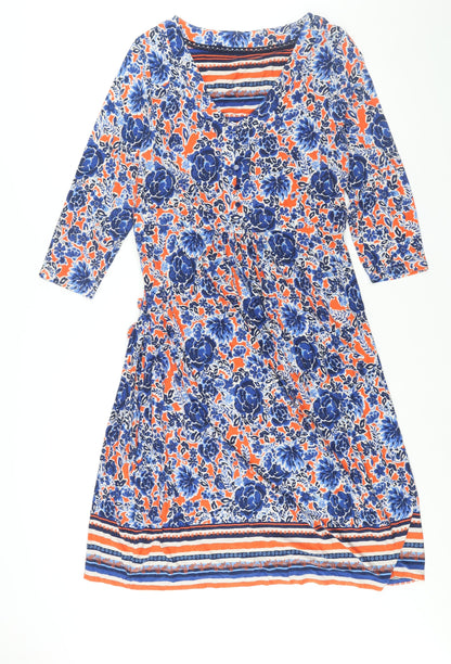 Marks and Spencer Womens Blue Floral Viscose Shift Size 16 V-Neck Pullover - Belted Button Detail