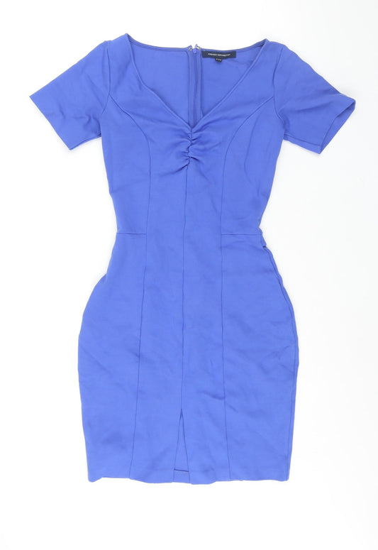 French Connection Womens Blue Viscose Bodycon Size 10 V-Neck Zip - Rouched Vent