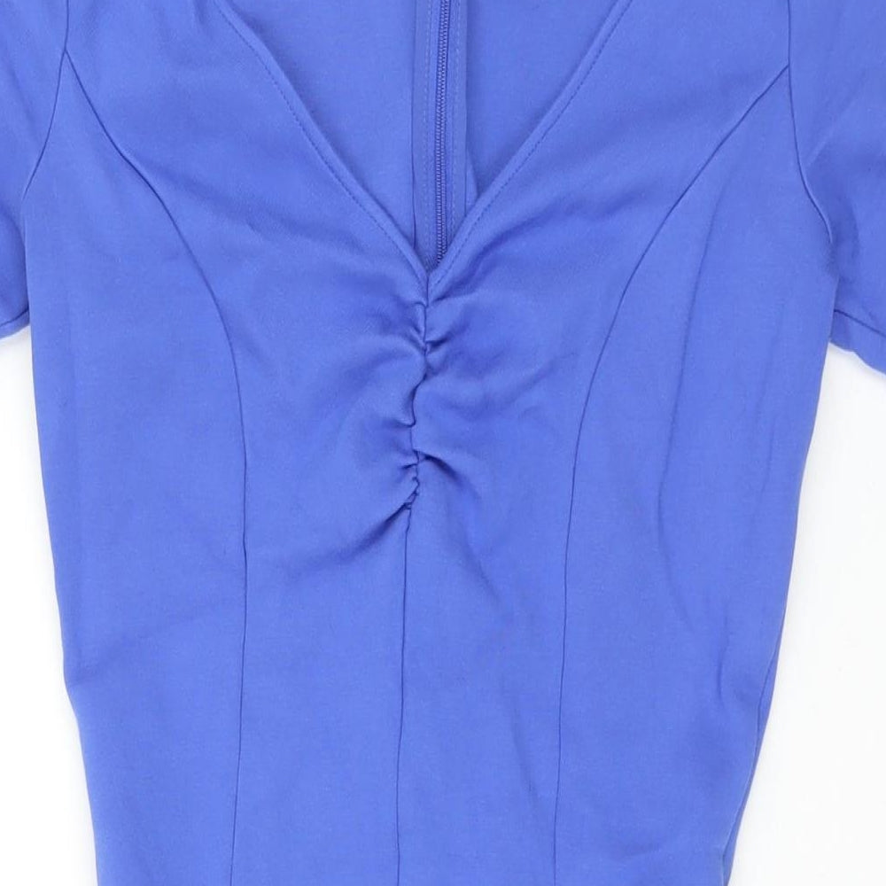 French Connection Womens Blue Viscose Bodycon Size 10 V-Neck Zip - Rouched Vent