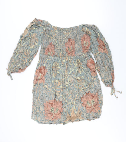 NEXT Womens Multicoloured Geometric Cotton Shift Size 12 Off the Shoulder Pullover - Rouched William Morris Print