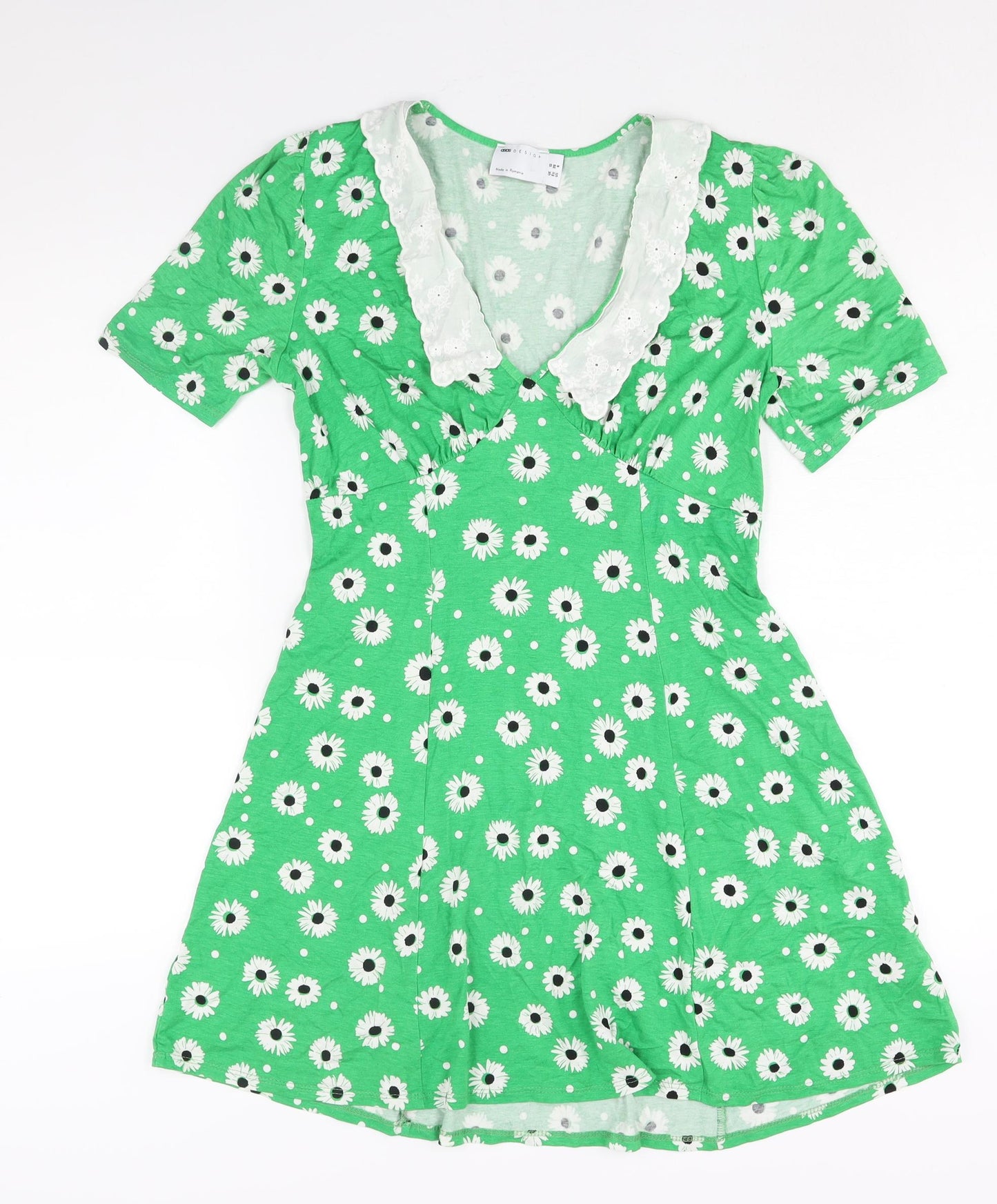 ASOS Womens Green Floral Viscose A-Line Size 10 V-Neck Pullover - Lace Collar