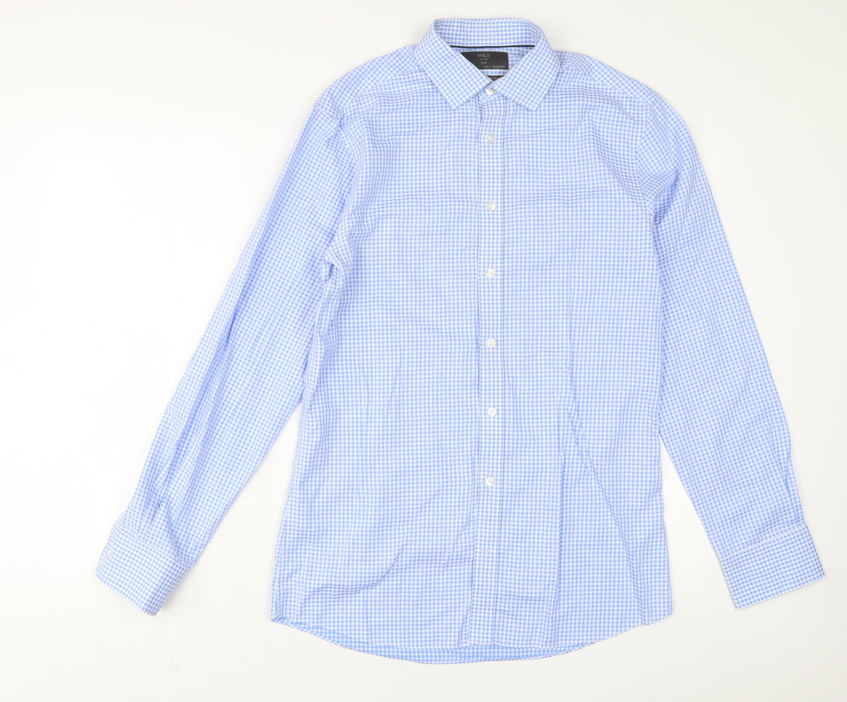 Marks and Spencer Mens Blue Plaid Cotton Button-Up Size 15 Collared Button