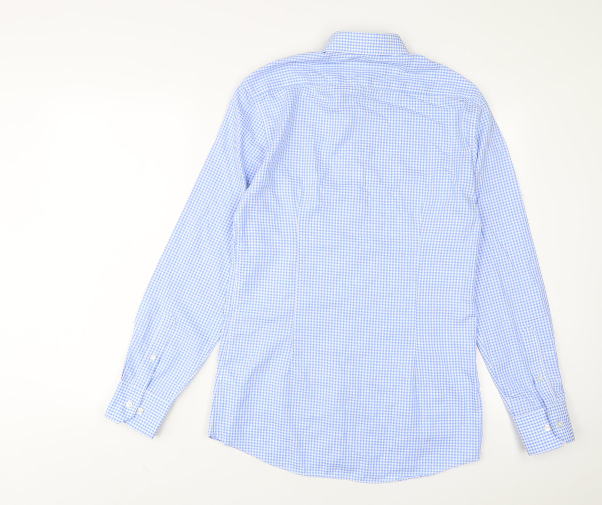 Marks and Spencer Mens Blue Plaid Cotton Button-Up Size 15 Collared Button