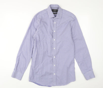 Marks and Spencer Mens Blue Plaid Cotton Button-Up Size 14.5 Collared Button