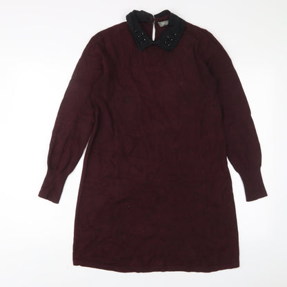 Oasis Womens Red Acrylic Jumper Dress Size S Collared Button - Beaded