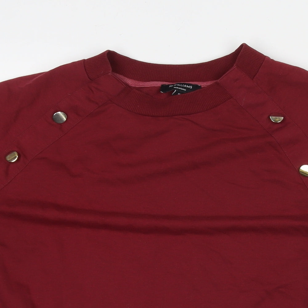 Close-up detail of JD Williams women’s red cotton pullover sweatshirt, size UK 16, pullover