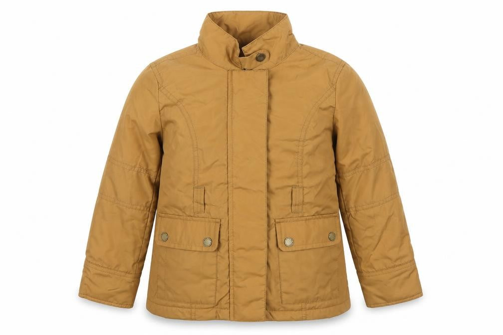 Front view of Lands' End boys’ brown bomber jacket jacket, size 5-6, years zip