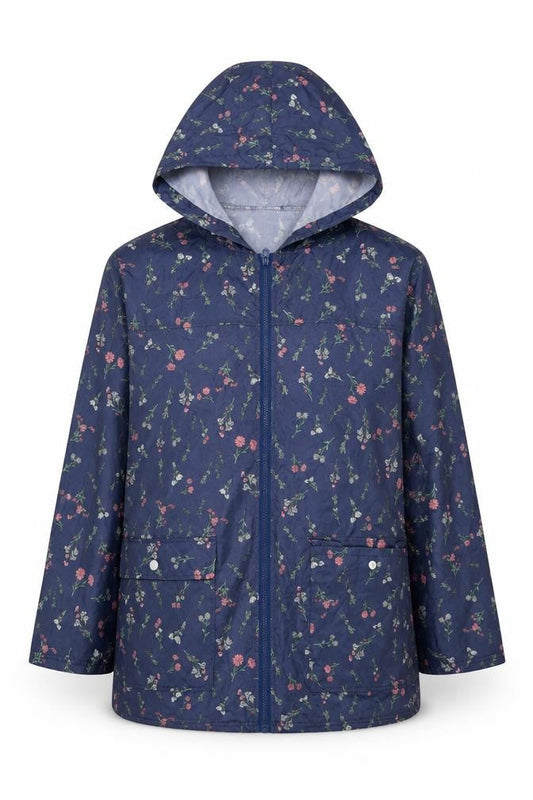 Front view of Anne de Lancey women’s blue floral rain coat jacket, size L, zip
