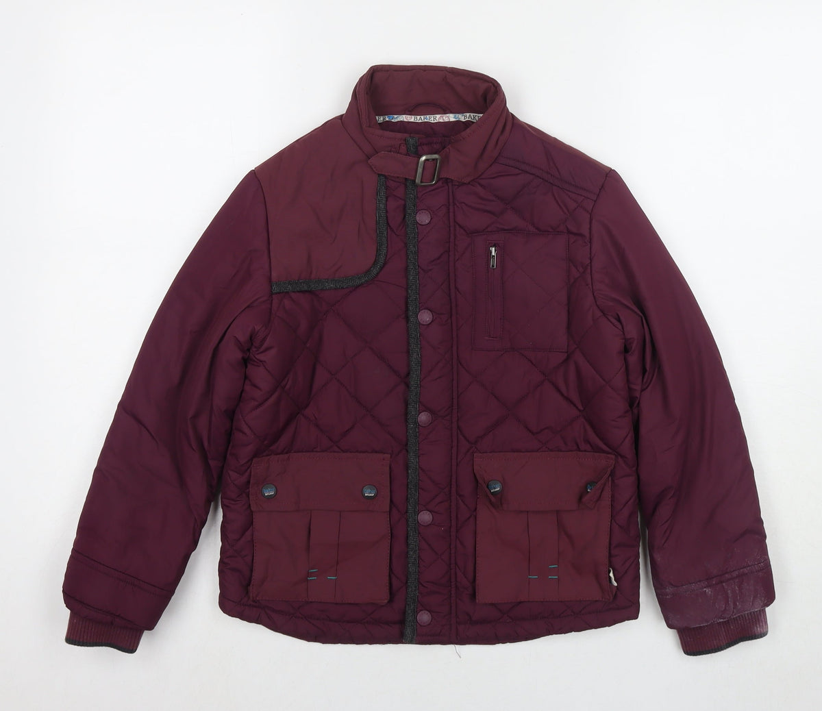 Additional front view of Baker boys’ red quilted jacket, size 9, years zip