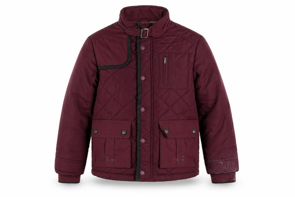 Front view of Baker boys’ red quilted jacket, size 9, years zip