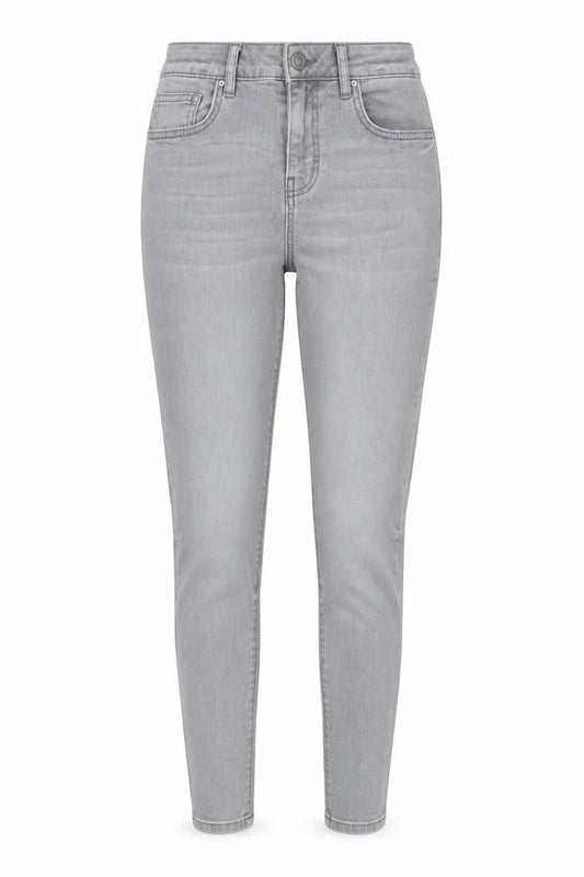 Front view of Denim & Co. women’s grey cotton blend tapered jeans, size UK 8, 27.5-inch leg regular zip