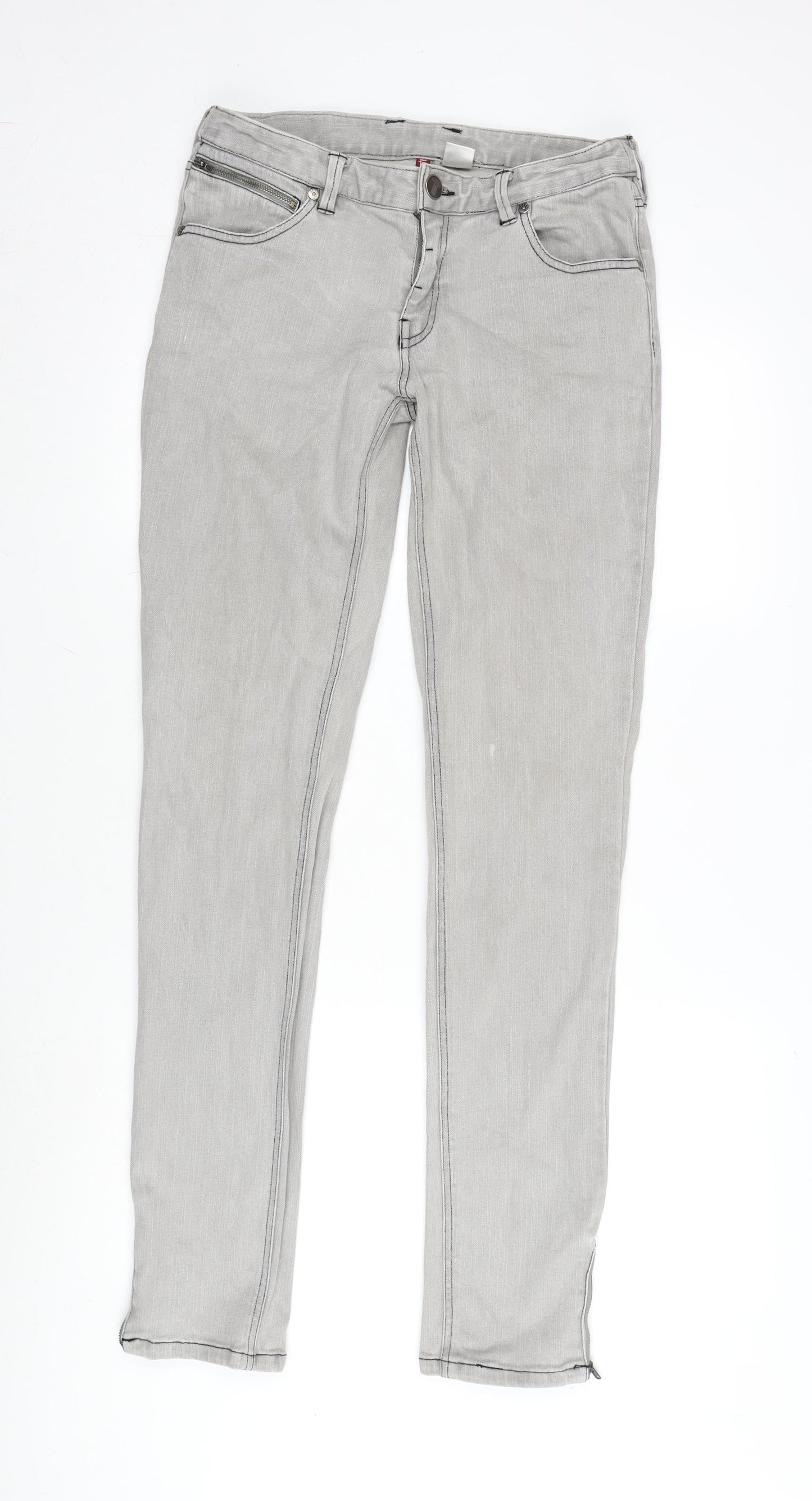 Tipster Womens Grey Cotton Blend Tapered Jeans Size 12 L33 in Regular Zip - Zip Detail To Bottom Leg.