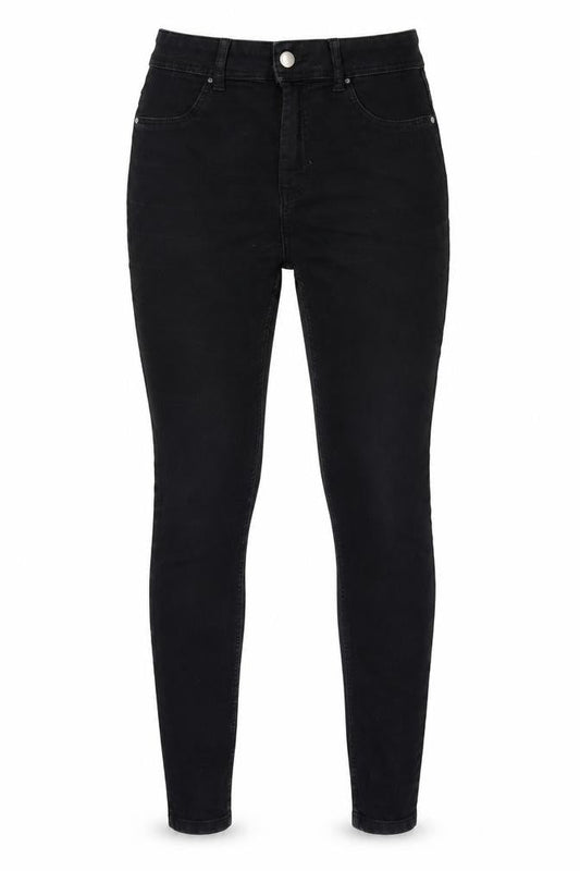 Front view of JDY women’s black cotton blend tapered jeans, size UK 30, in, 34-inch leg regular zip