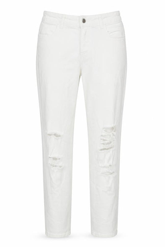 Front view of Denim & Co. women’s white cotton blend tapered jeans, size UK 12, 29-inch leg regular zip