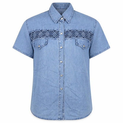 RE&X Womens Blue Cotton Basic Blouse Size L Collared - Detail Front & Back.