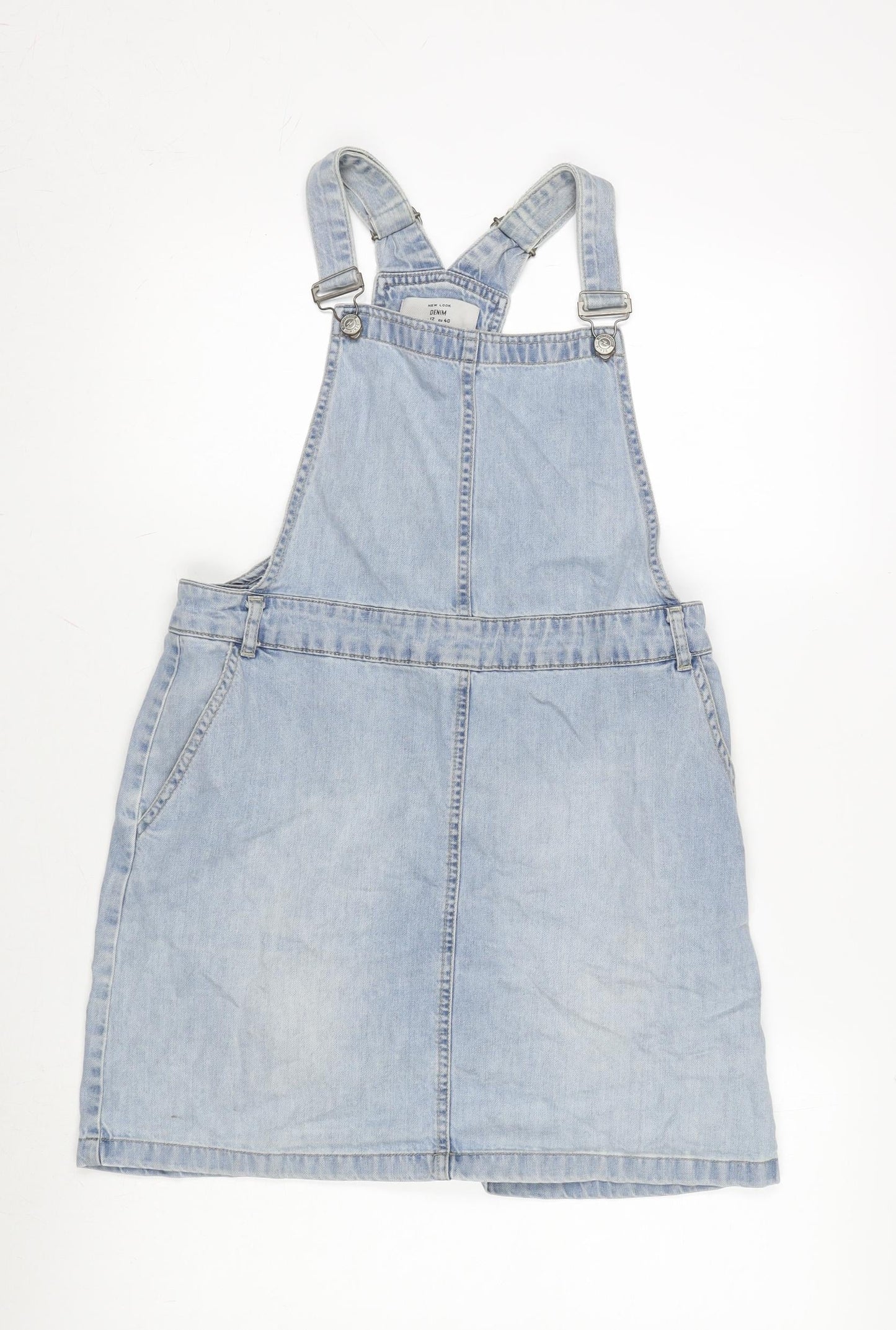 New Look Womens Blue Cotton Pinafore/Dungaree Dress Size 12 Scoop Neck Snap