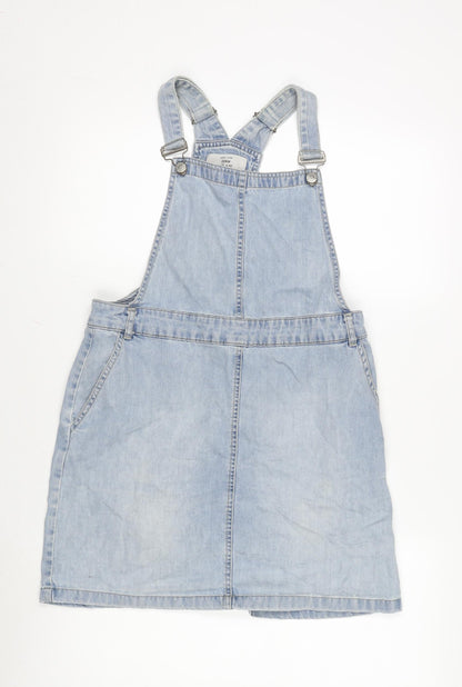 New Look Womens Blue Cotton Pinafore/Dungaree Dress Size 12 Scoop Neck Snap