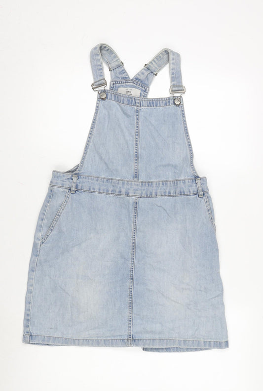 New Look Womens Blue Cotton Pinafore/Dungaree Dress Size 12 Scoop Neck Snap