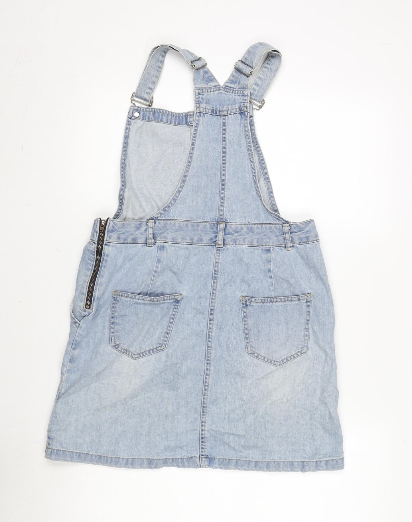 New Look Womens Blue Cotton Pinafore/Dungaree Dress Size 12 Scoop Neck Snap