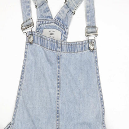 New Look Womens Blue Cotton Pinafore/Dungaree Dress Size 12 Scoop Neck Snap