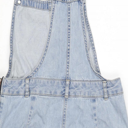New Look Womens Blue Cotton Pinafore/Dungaree Dress Size 12 Scoop Neck Snap