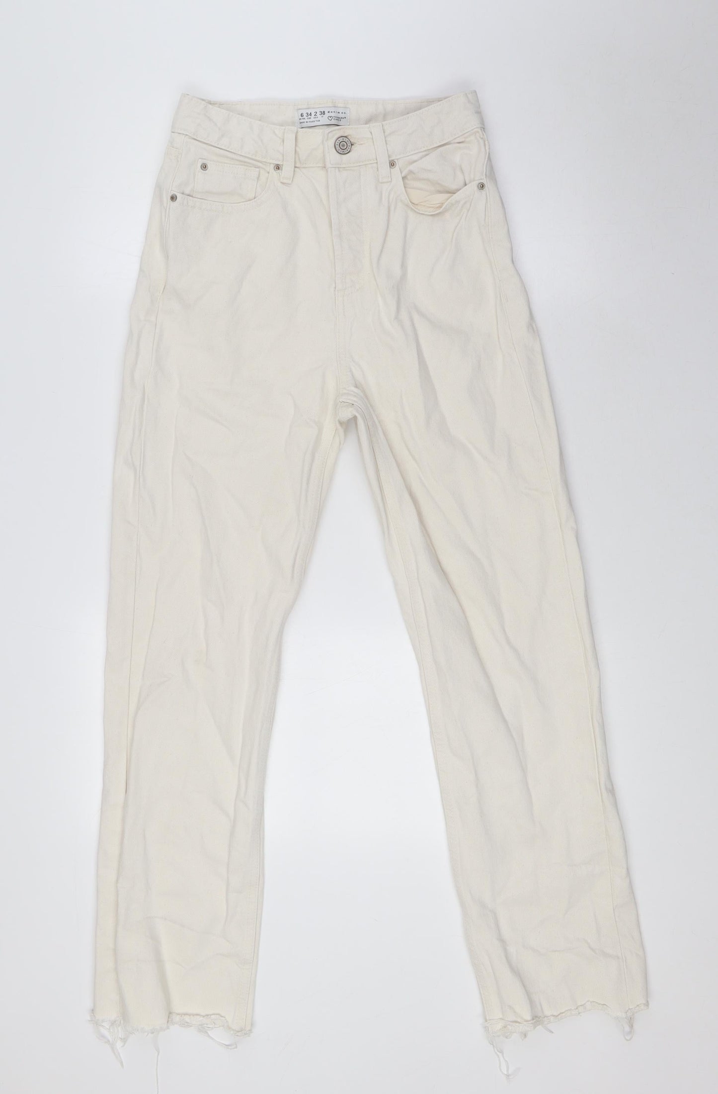 Primark Womens Ivory Cotton Straight Jeans Size 6 L28 in Regular Button - Raw Hem