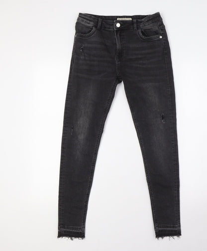 NEXT Girls Black Cotton Skinny Jeans Size 12-13 Years L26 in Slim Button - Destressed