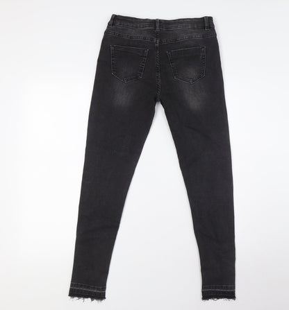 NEXT Girls Black Cotton Skinny Jeans Size 12-13 Years L26 in Slim Button - Destressed