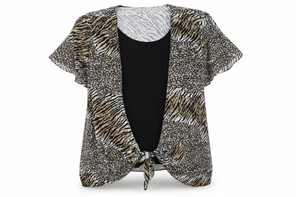 Bassini Womens Brown Animal Print Polyester Basic Blouse Size L Boat Neck - Tie Front