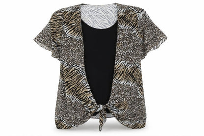 Bassini Womens Brown Animal Print Polyester Basic Blouse Size L Boat Neck - Tie Front