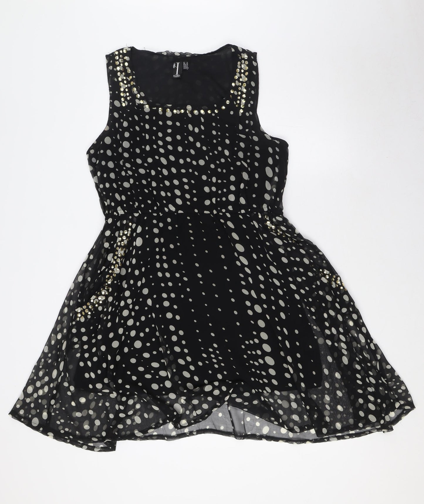 Izabel London Womens Black Polka Dot Polyester A-Line Size 14 Scoop Neck