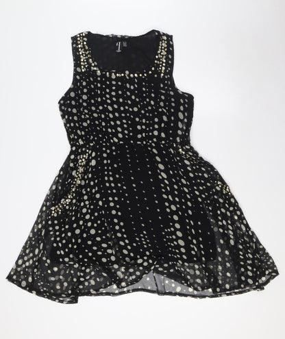 Izabel London Womens Black Polka Dot Polyester A-Line Size 14 Scoop Neck