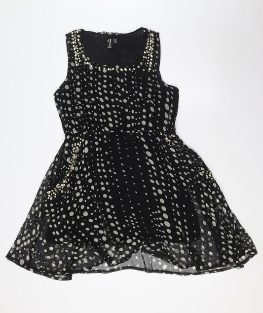 Izabel London Womens Black Polka Dot Polyester A-Line Size 14 Scoop Neck