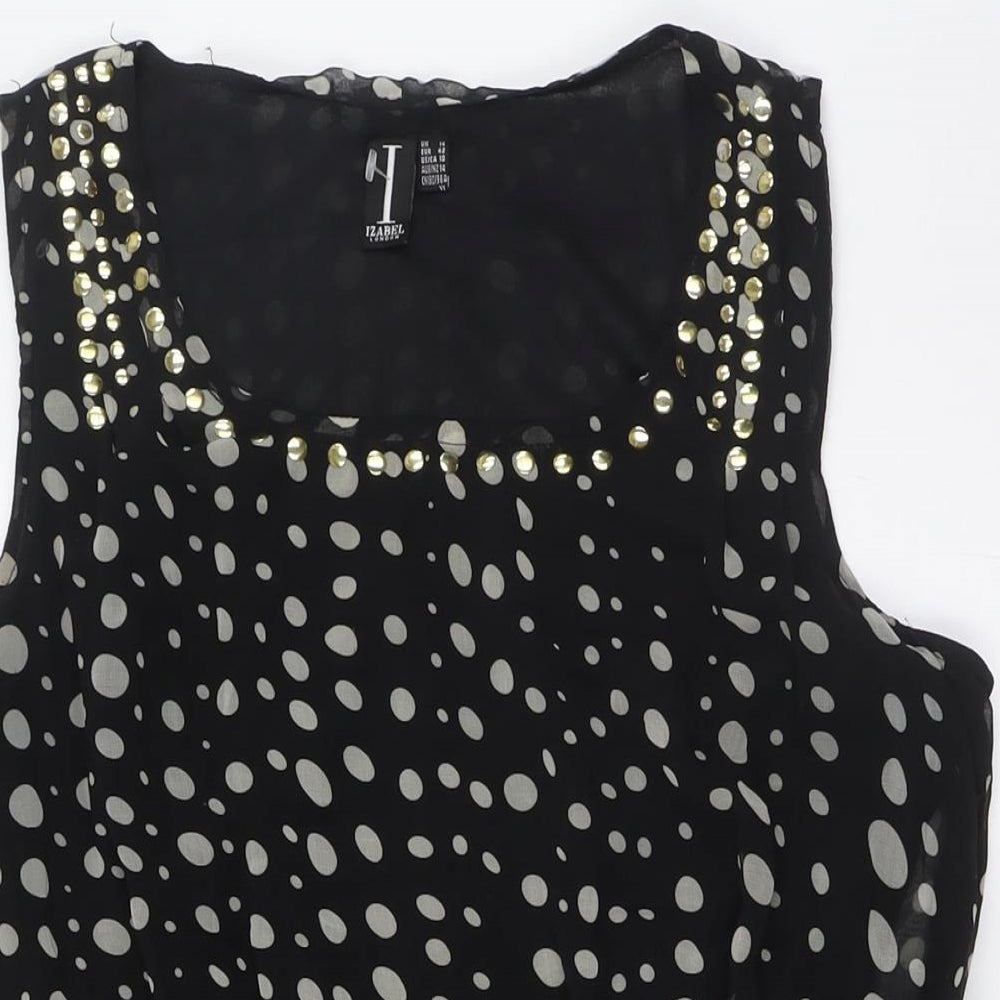 Izabel London Womens Black Polka Dot Polyester A-Line Size 14 Scoop Neck
