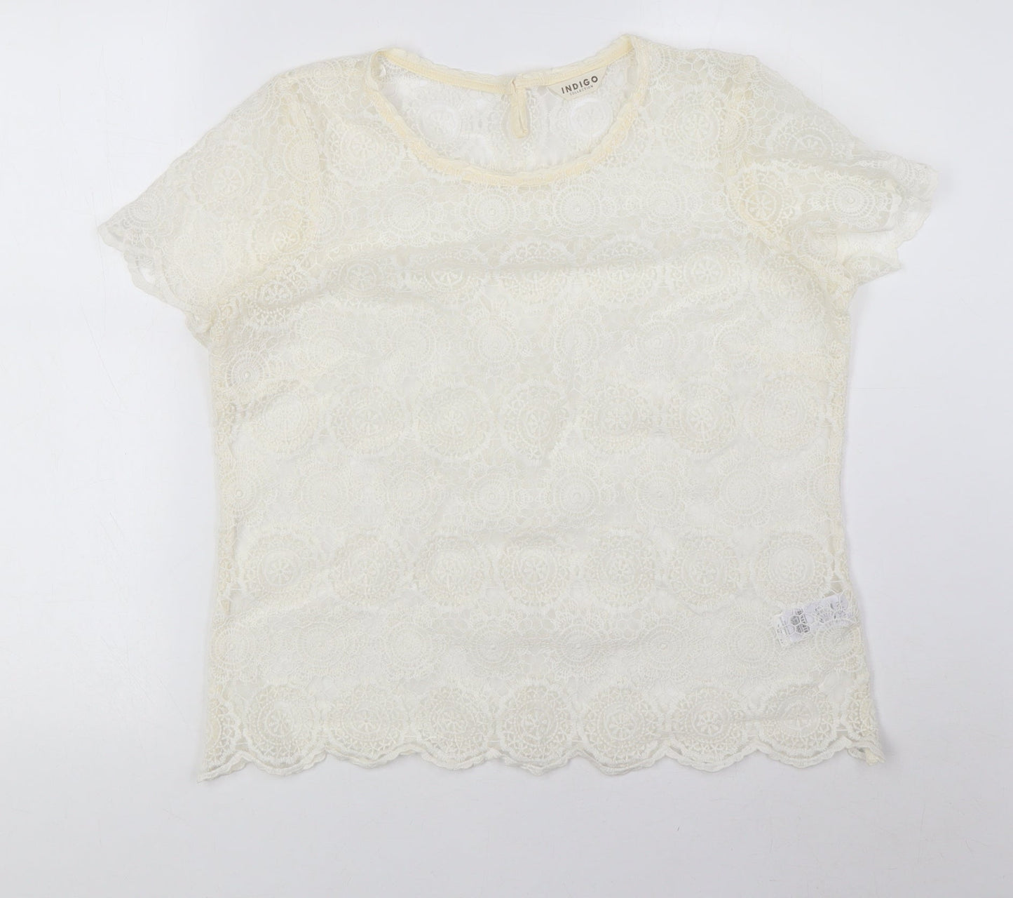 Indigo Womens Ivory Polyamide Basic T-Shirt Size 14 Round Neck - Lace, Sheer